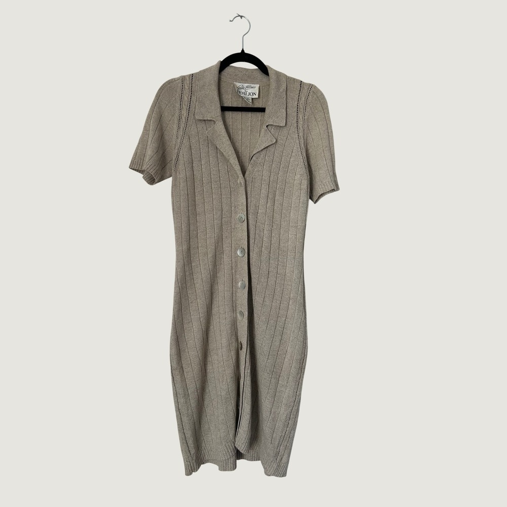 Rickie Freeman Teri Jon Knit Dress Womens Medium Beige Linen Blend Ribbed Midi